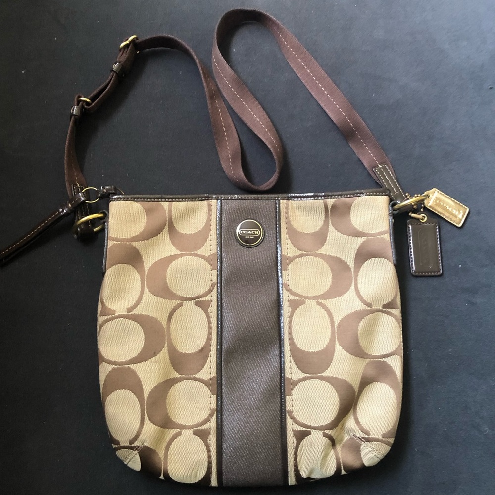 Coach Signature Leather Trim Crossbody bag khaki and brown